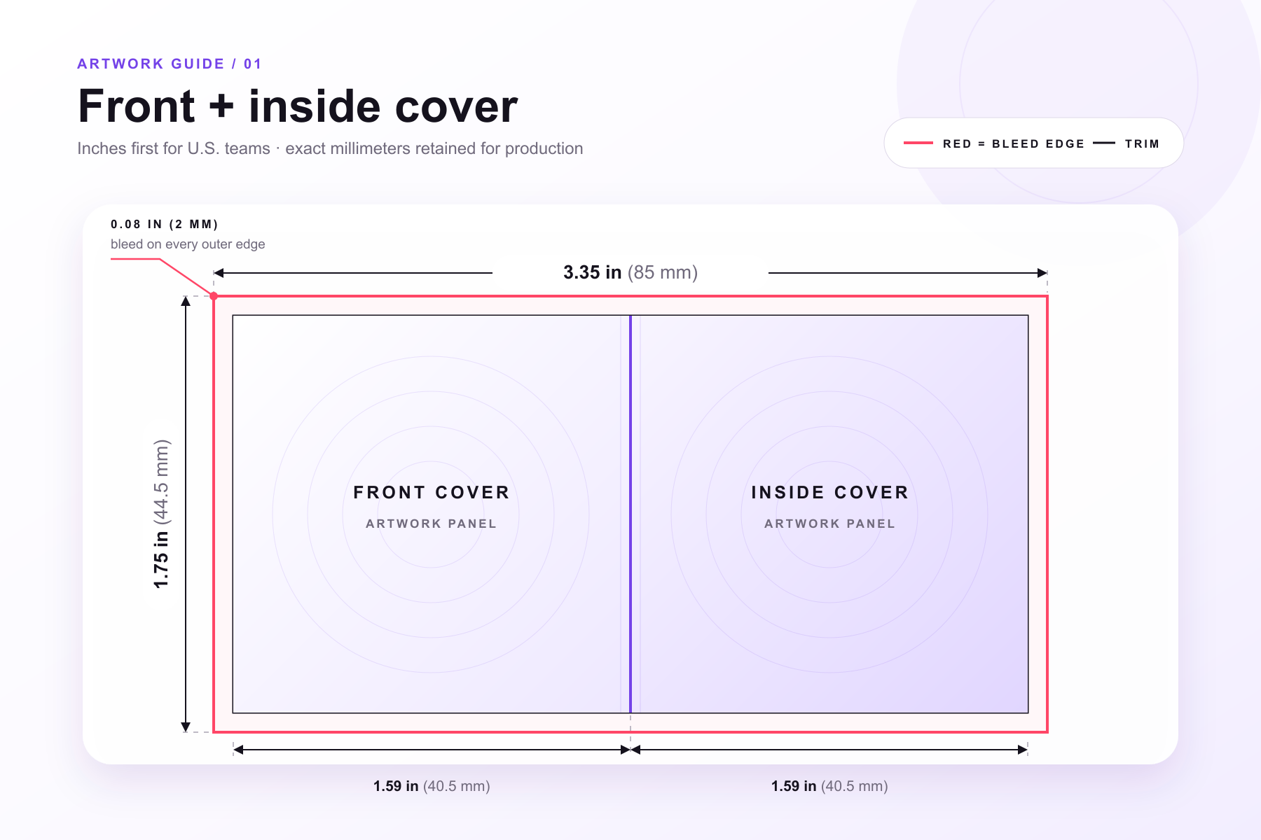 Front cover/insert blueprint with front and inside booklet panels, fold, trim and bleed lines.