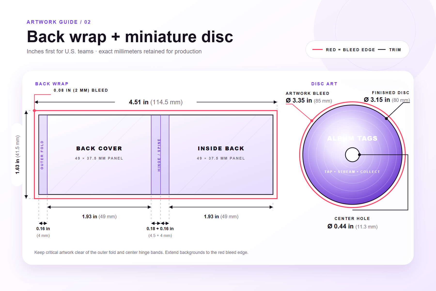 Back traycard/insert blueprint with inner panel, left 4 mm fold, spine bands, trim and bleed, plus the separate disc artwork guide.