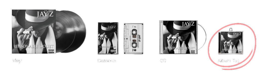 Vinyl, cassette, CD and Album Tag shown side by side, with the miniature Album Tag highlighted in purple.